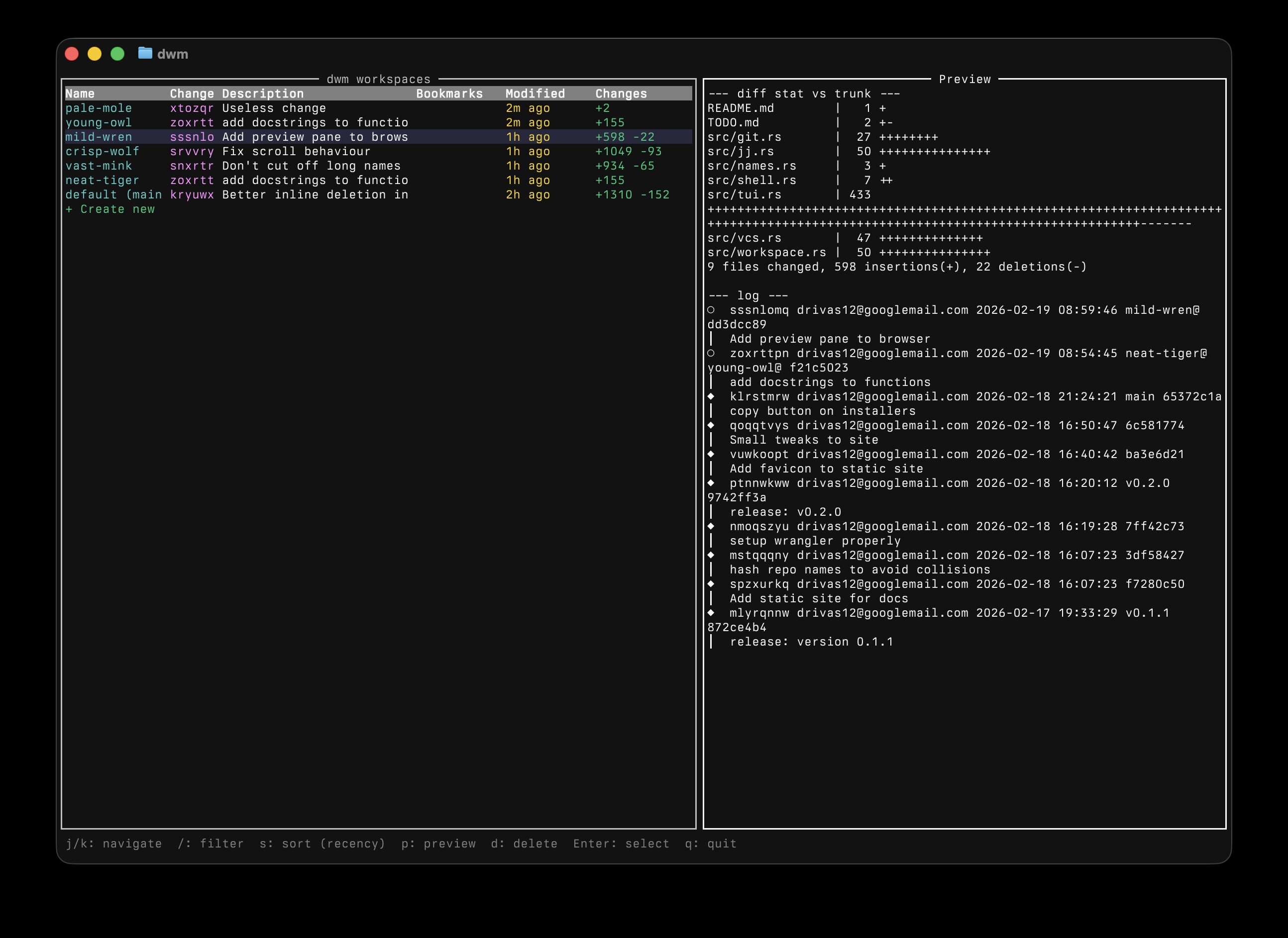 dwm TUI showing workspace list with preview pane